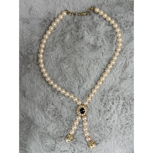 Faux Pearl Drop Necklace with Crystal Pendant, Gold-Tone, 17" + 2.5" Vintage - Picture 1 of 5